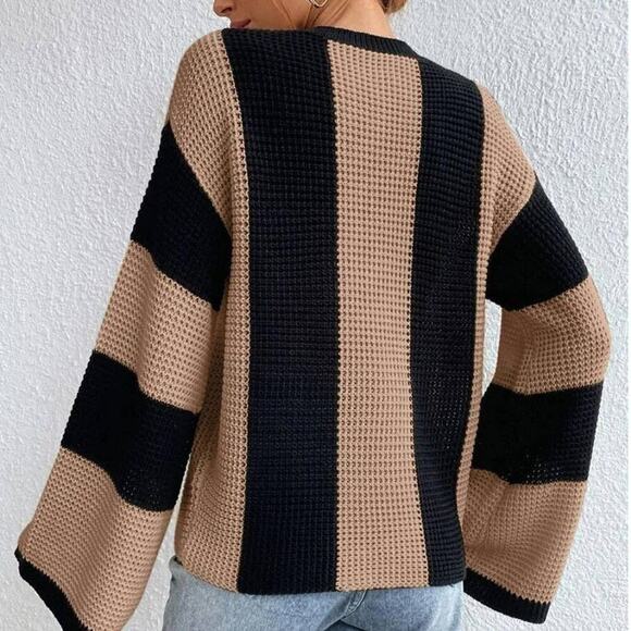 Crosa - Round Neck Color-Block Knit Sweater: BROWN / One Size - Picture 3 of 5